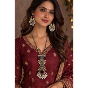 Royal Peacock & Floral Dual-Tone Statement Necklace Set