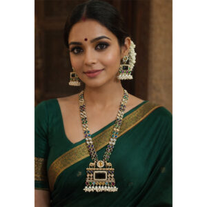 Royal Navratna Elephant Long Necklace Set with Pearl Drops