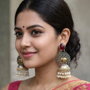 Handcrafted Elephant Motif Jhumka Earrings with Multicolor Stones & Pearl Drops