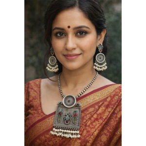 Handcrafted Oxidised Silver Tribal Necklace Set with Gemstones & Pearl Drops